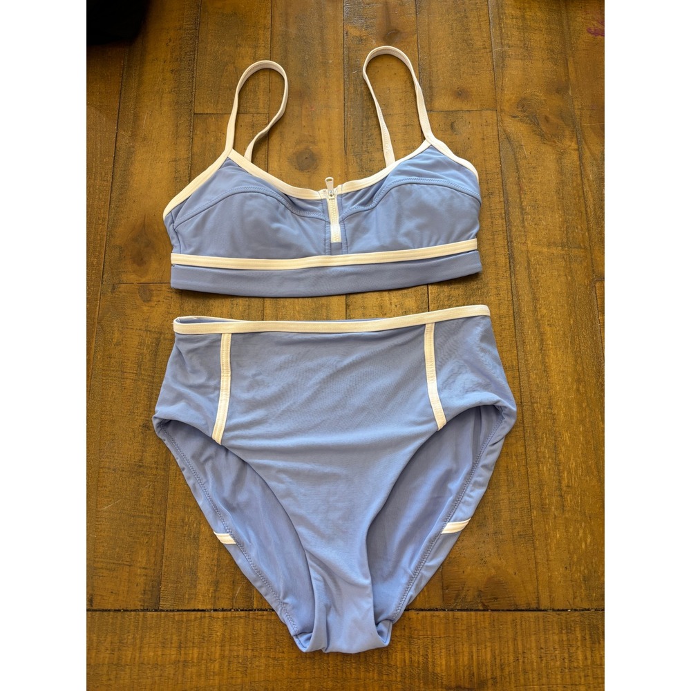 CALIA by Carrie Underwood Blue White Zip Front Bikini 2 Piece Swim Set XS